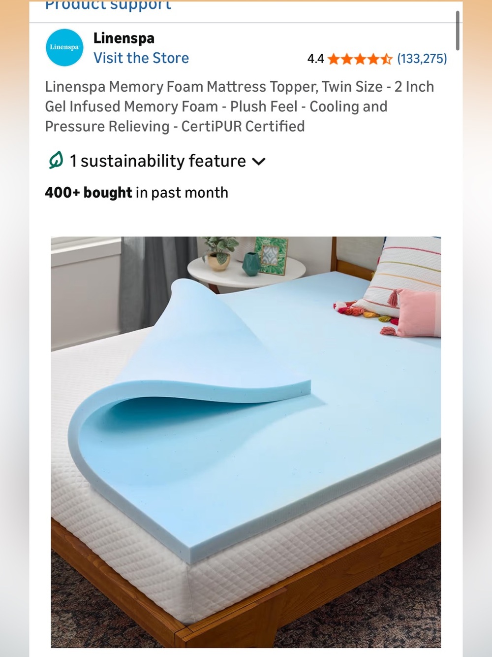 Linenspa Blue Memory Foam Mattress Topper - Cooling Comfort BRAND NEW